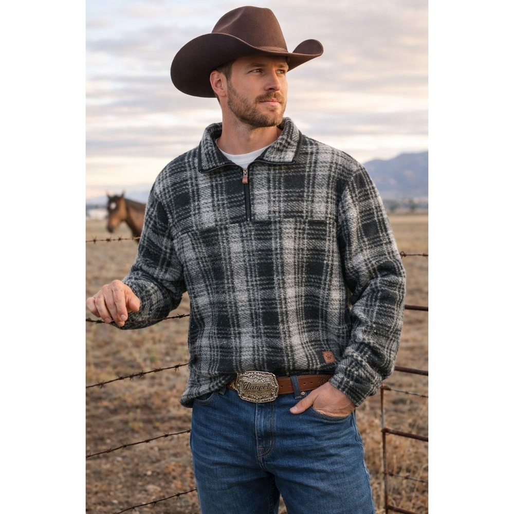 John Wayne Stock & Supply Check Plaid 1/4 Zip Fleece Pullover Mens Large L NEW